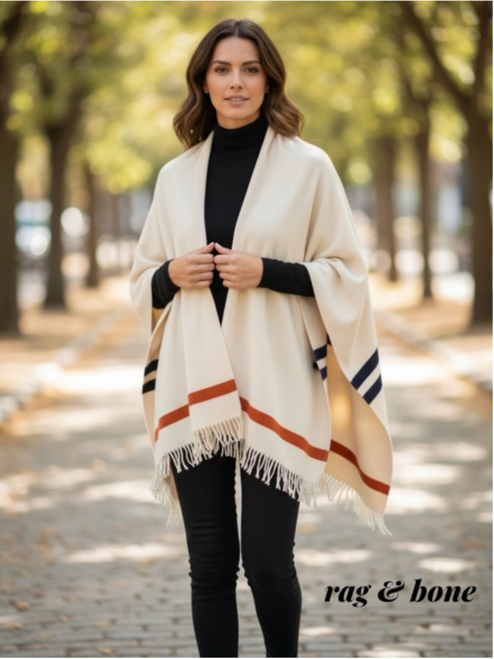 Rag & Bone Cream Striped Wool Blend Poncho Cape Wrap Shrug OS